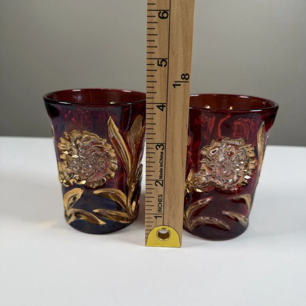 Antique New Martinsville Carnation No. 88 Ruby Flash Gold Floral Tumblers 2
